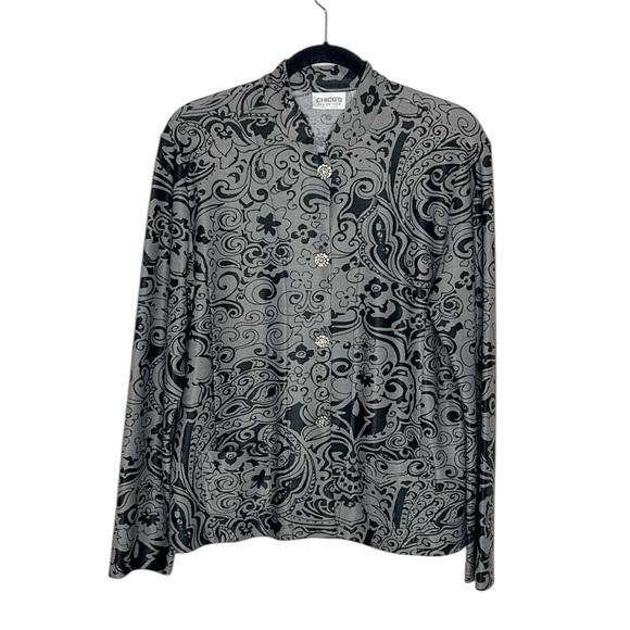 Chico’s Travelers gray and black paisley jeweled button blazer jacket size 2 - Picture 1 of 13